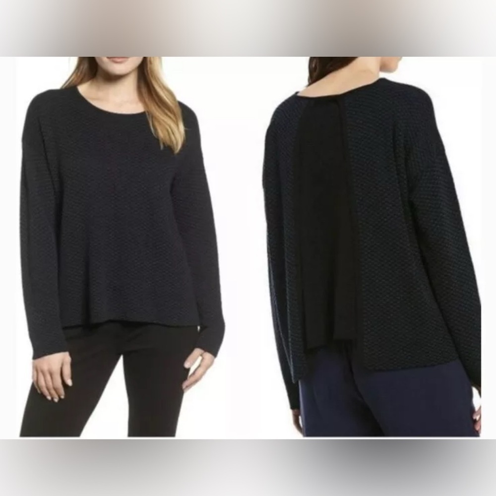 Eileen Fisher Tencel Blue Black Open Back Swing Sweater Large Pullover.  195